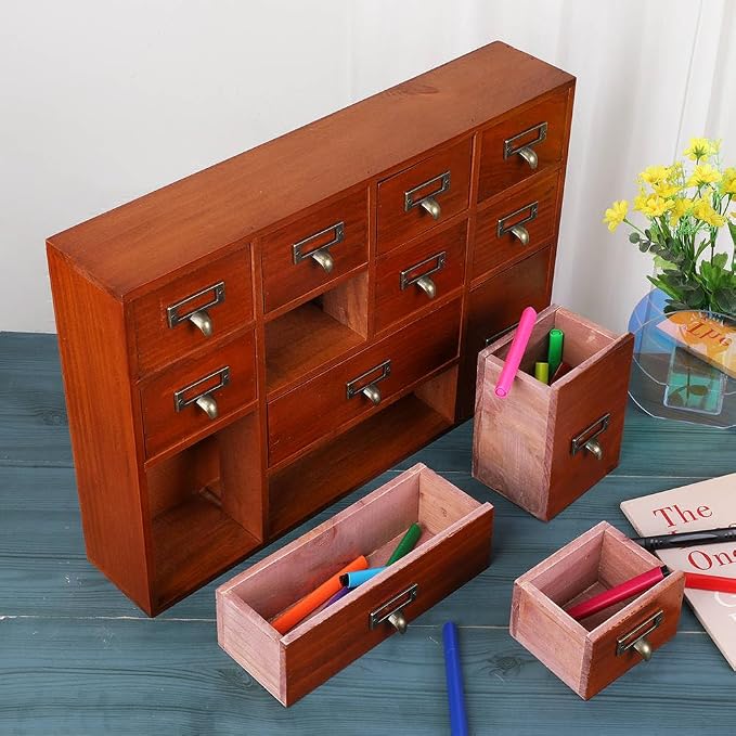 Apothecary Drawers Apothecary Cabinet with Drawers, Brown | 12 Drawer Library Card Catalog, Wooden Storage Box, Wooden Desktop Organizer with Metal Handles-Fulled Assembled