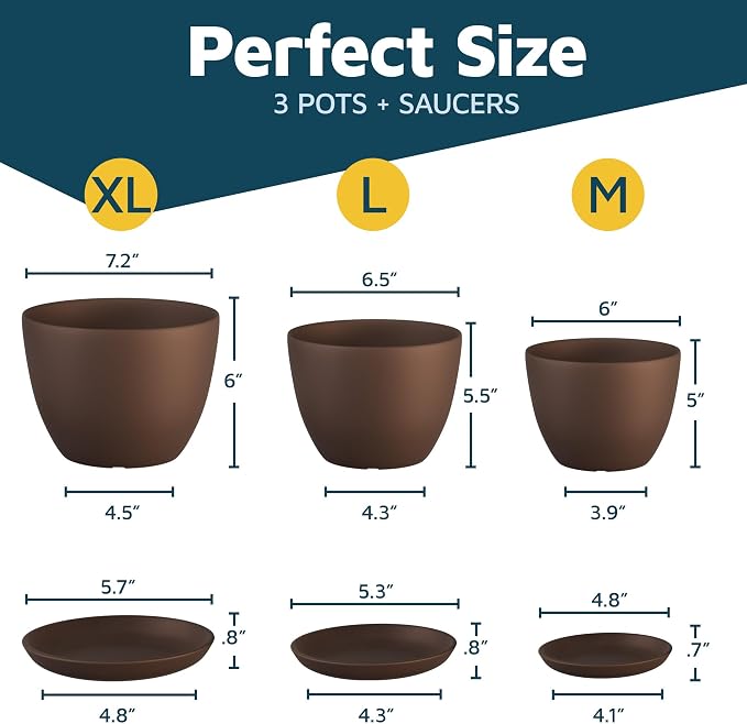 Brown Plant Pots with Drainage Holes & Saucers 3 Pack, Indoor & Outdoor Stackable Space-Saving Planters for Houseplants & Flowers, (7", 6.7", and 6" Inches), Durable & Weatherproof Materials