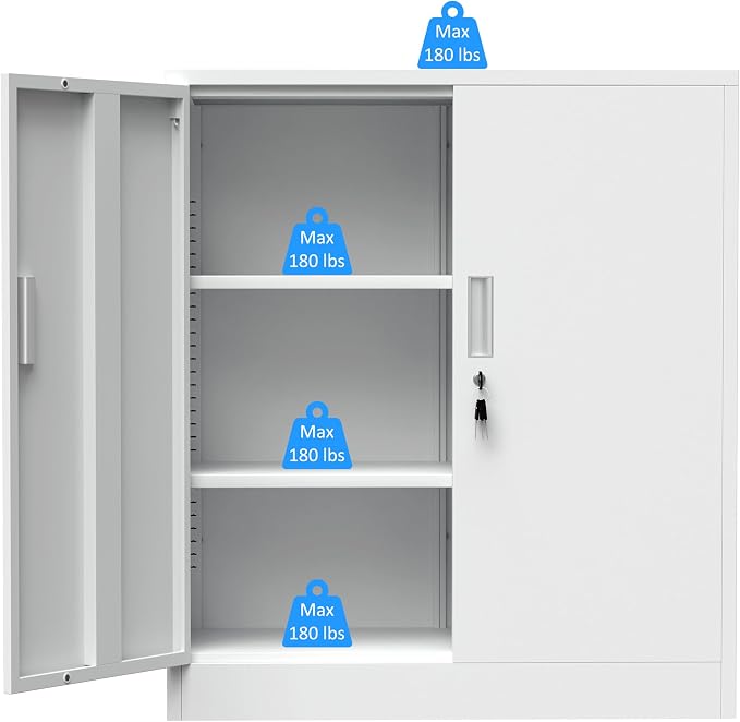 iJINGUR Metal Storage Cabinet with Locking Doors and 2 Adjustable Shelves, Small Lockable Storage Cabinet for Home Office Garage (White)