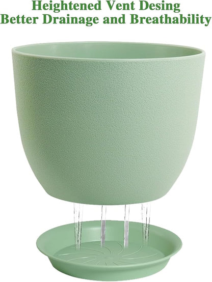 UOUZ 12/10/9 Large Modern Plant Pots, Plastic Planters with Drainage Holes and Saucers for Indoor Outdoor Plants Flowers, Green