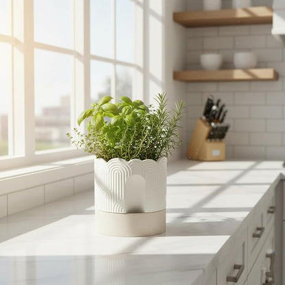 Nihow Ceramic Self Watering Pots for Indoor Plants, 8 Inch,Beige | Visible Water Level Fill Port,Planter with Cotton Wick,Water Storage Plus, Cylinder Round Flower Pot, Succulent/Herbs/Violets