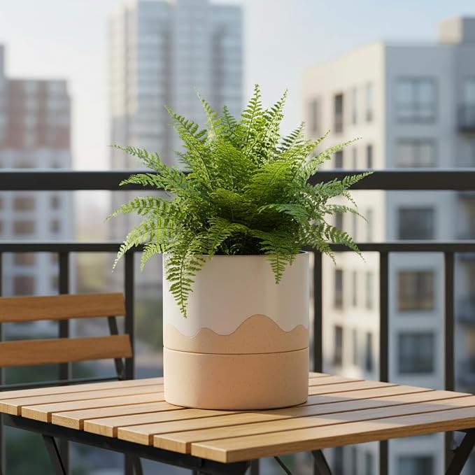 Nihow Ceramic Self Watering Plant Pot for Indoor Plants, 6 Inch,Cream White | Planter with Cotton Wick, Drainage Hole & Water Storage Plus, Cylinder Round Flower Pot, For Succulent/Herbs/Violets