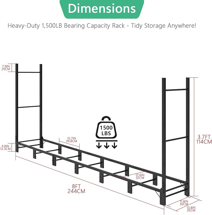 Helios&Hestia 8Ft Outdoor Firewood Rack for Fireplace, Heavy Duty Steel Log Holder, Indoor Wood Pile Storage Organizer, Adjustable Stacker Stand, Black