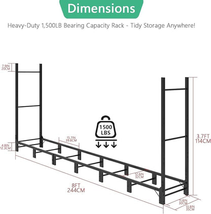 Helios&Hestia 8Ft Outdoor Firewood Rack for Fireplace, Heavy Duty Steel Log Holder, Indoor Wood Pile Storage Organizer, Adjustable Stacker Stand, Black