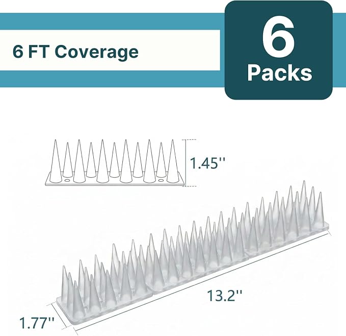 Bird & Animal Deterrent Spikes, 6 Packs Outdoor Plastic Spike Strips for Roof, Ledges, Fence, Walls & Railing, Humane Squirrel, Raccoon & Pigeon Barrier, 6 FT Coverage, White
