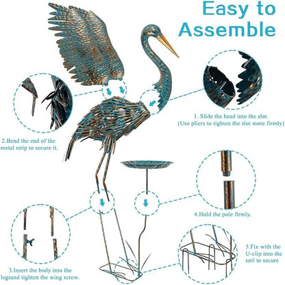 Large Heron Outdoor Statues with Leaf Tray | Waterproof Crane Garden Statue for Outside, Elegant Metal Crane Yard Art Garden Decor for Garden Yard, Porch