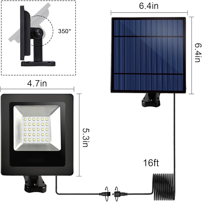 Solar Lights Dusk to Dawn 4400mAh Solar Powered Spotlight Outdoor Waterproof 6000K Wall Mounted Lighting with 16FT Cord for Patio, Flag Pole, Fence, White