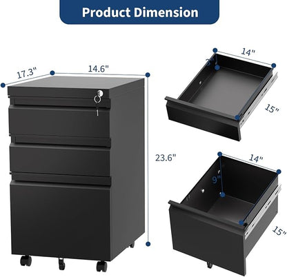 GAOMON 3-Drawer Mobile File Cabinet with Lock, Metal Filing Cabinet on Wheels, Fits Letter/Legal/A4 Files, Space-Saving Under Desk Office Storage Organizer for Home Office, Easy Assembly, Black