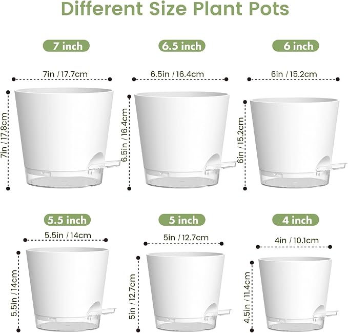 Meowell Self Watering Pots Pack of 6 – Different Size 4" to 7" Indoor Plant Pots with Drainage Holes and Clear Reservoir for Visible Water Level, Plastic Wicking Planters for House Plants, White