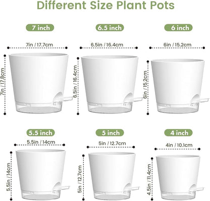 Meowell Self Watering Pots Pack of 6 – Different Size 4" to 7" Indoor Plant Pots with Drainage Holes and Clear Reservoir for Visible Water Level, Plastic Wicking Planters for House Plants, White