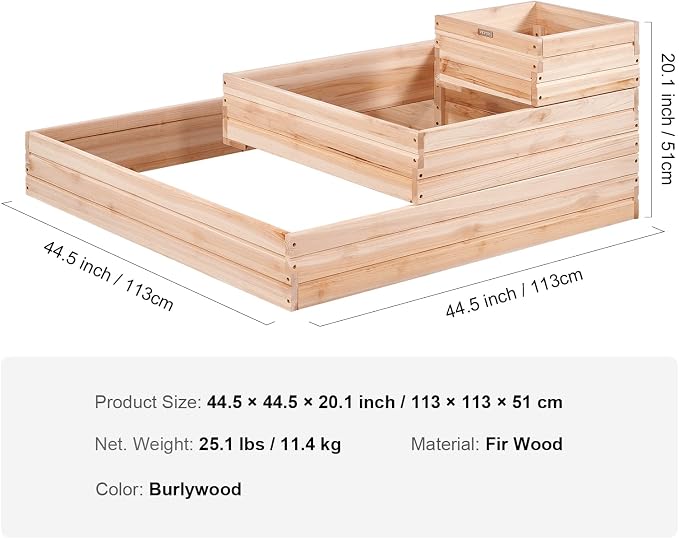 VEVOR 3 Tier Raised Garden Bed Wood Outdoor, 45 x 45 x 20in High End Natural Fir Wood Planter Box, Outdoor Planting Boxes for Flowers/Vegetables/Herbs in Backyard/Garden/Patio/Balcony, with Open Base