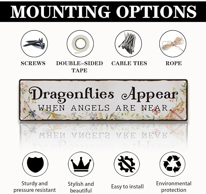 Garden Metal Tin Sign, Vintage Farmhouse Decor, Dragonflies Appear When Angels Are Near Sign, Wall Art for Yard Fence Porch, Meaningful Indoor Outdoor Garden Decoration, 15.7 x 3.9 Inches