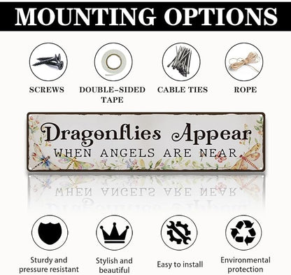 Garden Metal Tin Sign, Vintage Farmhouse Decor, Dragonflies Appear When Angels Are Near Sign, Wall Art for Yard Fence Porch, Meaningful Indoor Outdoor Garden Decoration, 15.7 x 3.9 Inches