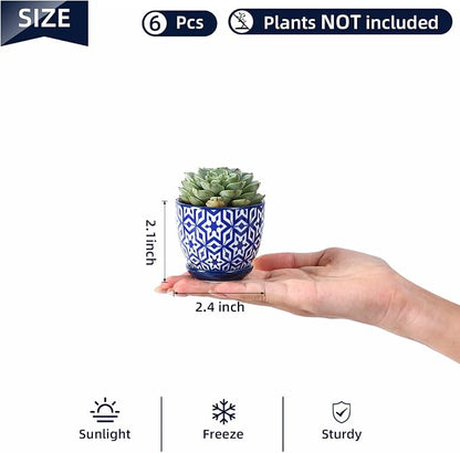 Selamica Ceramic 2.4 Inch Succulent Pots, Mini Succulent Planter Pot for Cactus Plant with Drainage Holes & Saucers, Home Decor, Set of 6, Vintage Blue