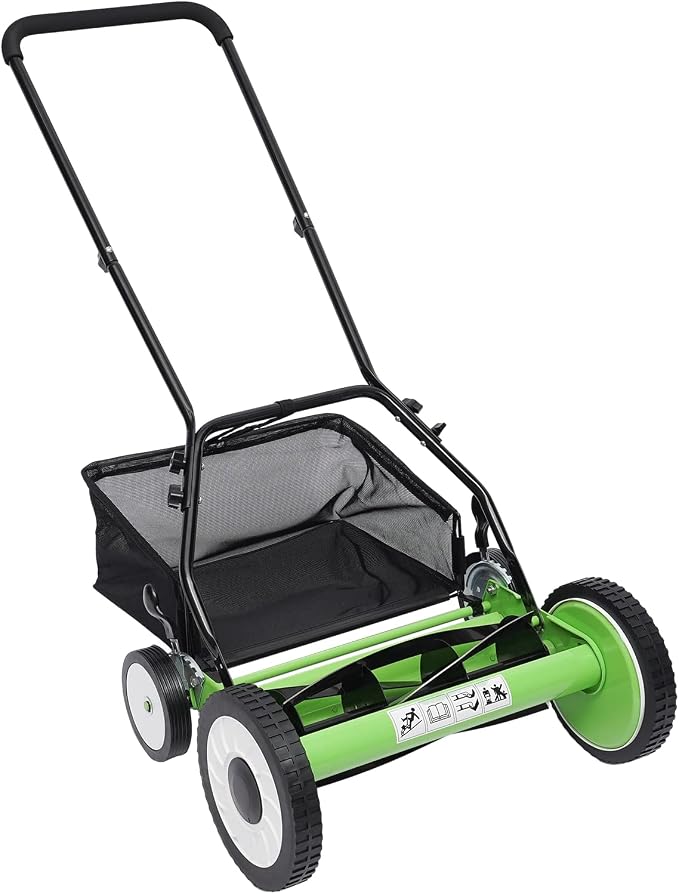 Manual Reel Lawn Mower, 16 Inch 5-Blade Cordless Push Mower with Adjustable Cutting Height and Grass Catcher for Yard, Garden