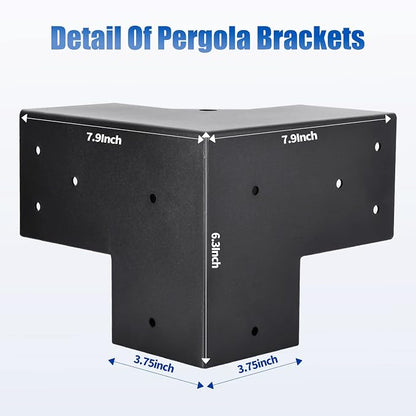 4 Pcs 4"x 4" Pergola Brackets(Actual Fit :3.6"x3.6") Post | 3 Way 90° Right Angle Corner Bracket|DIY Pergola Kit Support Gazebos|Patio Pergolas Log Cabin Outdoor Pergola