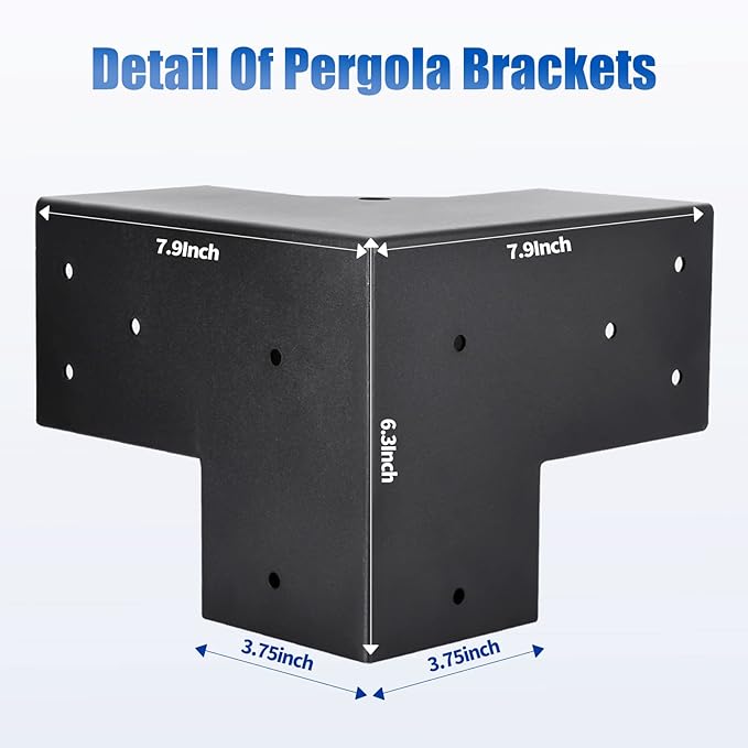 4 Pcs 4"x 4" 3 Way 90 ° Pergola Bracket (Actual: 3.6“x3.6) | 3-Way Right Angle Corner Bracket With Black Powder Coated|Woodwork DIY Pergola Kit For Gazebos, Patio Pergola