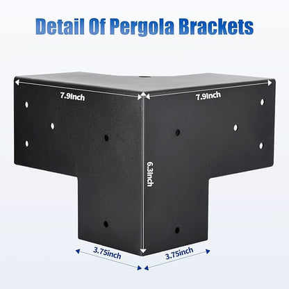 4 Pcs 4"x 4" 3 Way 90 ° Pergola Bracket (Actual: 3.6“x3.6) | 3-Way Right Angle Corner Bracket With Black Powder Coated|Woodwork DIY Pergola Kit For Gazebos, Patio Pergola