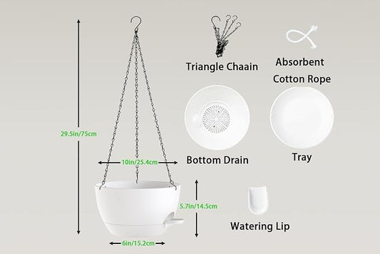 Hanging Planters, 3-Pack 10 Inch Self-Watering Pots with Drainage Holes and Chains, Matte Plastic Planters for Indoor/Outdoor Plant（White）