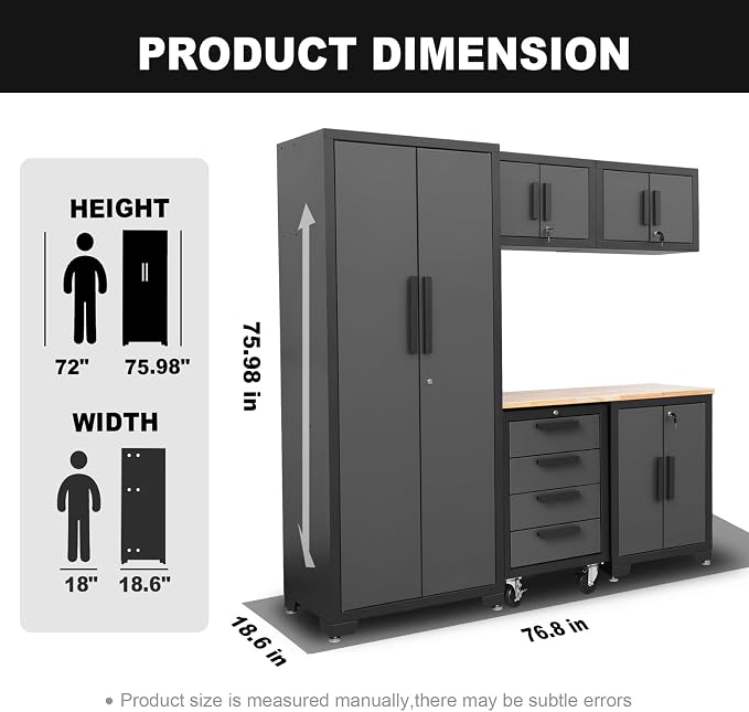 BIG RED 6 Piece Set Garage Cabinets: Lockable Design for Optimal Garage Storage and Organization, Garage Workbench with Storage ,76.8" 18.6" 75.95", Black/Grey