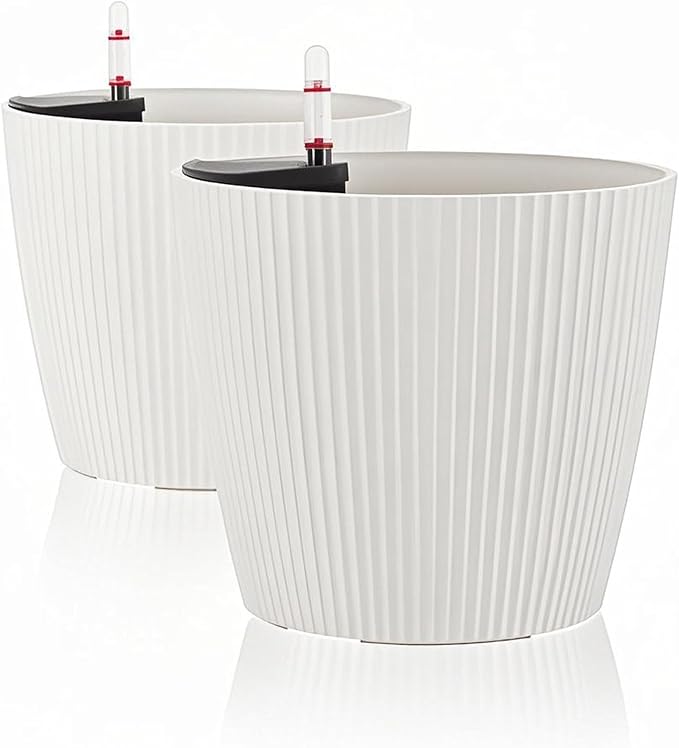 Dexceder 13x12 Self Watering Planters Indoor (2 Pack, White) | Inner Mat Design, Floor Standing Flower Plant Pot with Water Level Indicator
