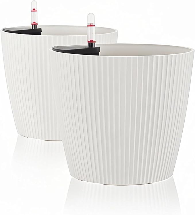 Dexceder 11x10 Self Watering Planters Indoor (2 Pack, White) | Inner Mat Design, Table Flower Plant Pot with Water Level Indicator