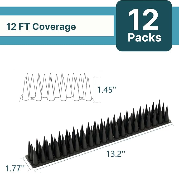 Bird & Animal Deterrent Spikes, 12 Packs Outdoor Plastic Spike Strips for Roof, Ledges, Fence, Walls & Railing, Humane Squirrel, Raccoon & Pigeon Barrier, 12 FT Coverage, Black
