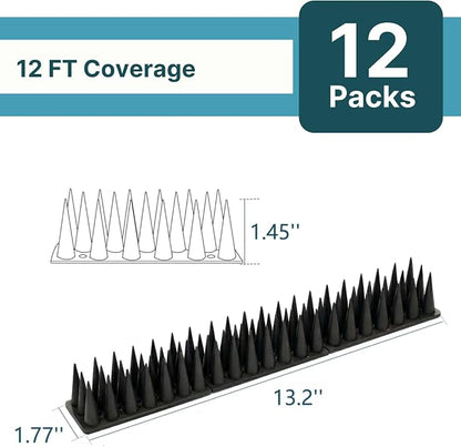Bird & Animal Deterrent Spikes, 12 Packs Outdoor Plastic Spike Strips for Roof, Ledges, Fence, Walls & Railing, Humane Squirrel, Raccoon & Pigeon Barrier, 12 FT Coverage, Black