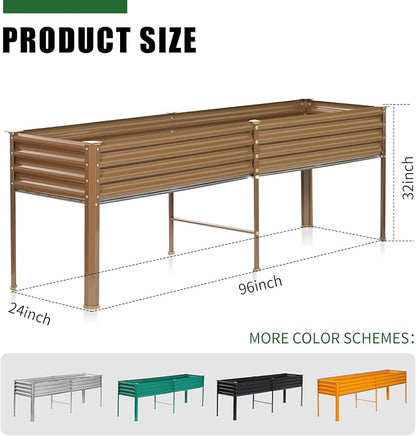 Land Guard Galvanized Raised Garden Bed with Legs, 96×24×32in Raised Garden Beds Outdoor with Drainage Holes, Planter Boxes Outdoor for Backyard, Patio, Balcony, 1200lb Capacity, Brown