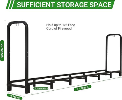 Firewood Rack Outdoor 8 FT - Adjustable Length (2.6-8ft), Holds 1/2 Face Cord Firewood, Heavy Duty Log Holder with 14 Support Legs for Backyard Fire Pit & Indoor Fireplace,Black