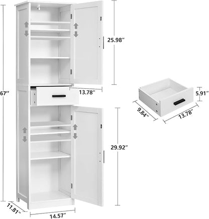 usikey 67'' Tall Bathroom Cabinet, Storage Cabinet with 4 Shelves & 2 Doors, Narrow Storage Cabinets for Bathroom, Living Room, Home Office, White
