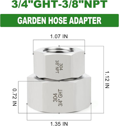 TAISHER 2PCS 304 Stainless Steel Garden Hose Adapter, 3/4" GHT Female x 3/8" NPT Female Swivel Garden Hose Connector with Washers