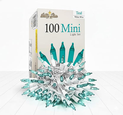 Brite Star 100 Count Mini String Christmas Lights, Teal - 22 feet Indoor/Outdoor Christmas Tree Lights with White Wire