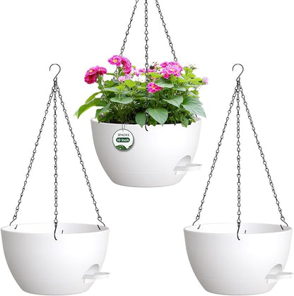 3 Pack 10 Hanging Flower Pots with Chains Self Watering Plastic Planters for Indoor Outdoor Plants, Sturdy Triangular Iron Chain Design for Garden PorchPlastic Hanging Flower pots (3, White)