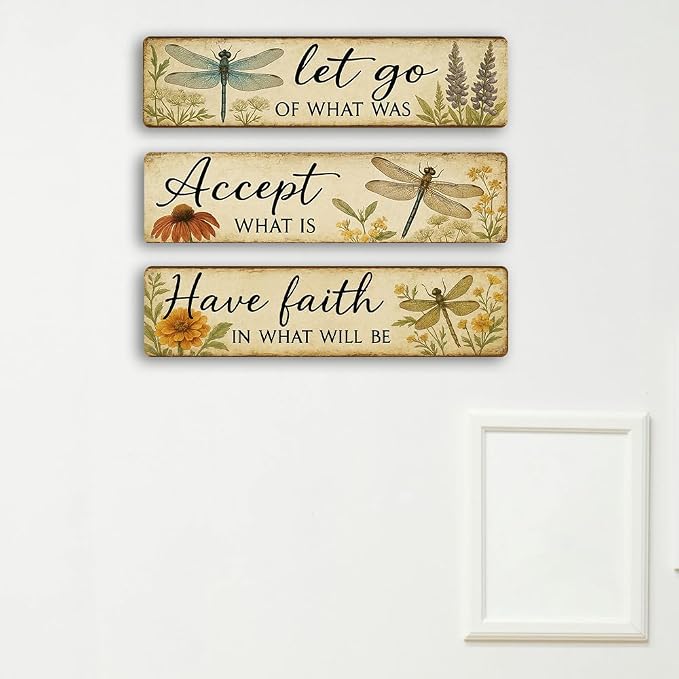 3 Pcs Retro Dragonfly Metal Tin Sign, Vintage Inspirational Quote Wall Art for Outdoor Garden, Bathroom, Home Decor, Unique Gift for Women