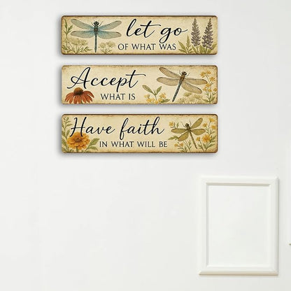 3 Pcs Retro Dragonfly Metal Tin Sign, Vintage Inspirational Quote Wall Art for Outdoor Garden, Bathroom, Home Decor, Unique Gift for Women