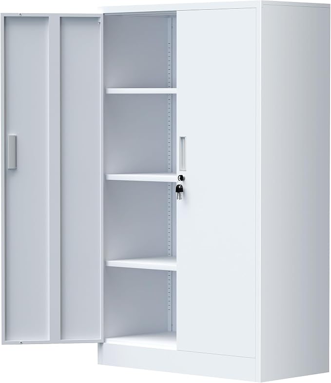 iJINGUR Metal Storage Cabinet with Locking Doors and Adjustable Shelves, 53.5-Inch Tall Lockable Storage Cabinets for Home Office Garage Kitchen Pantry (White)