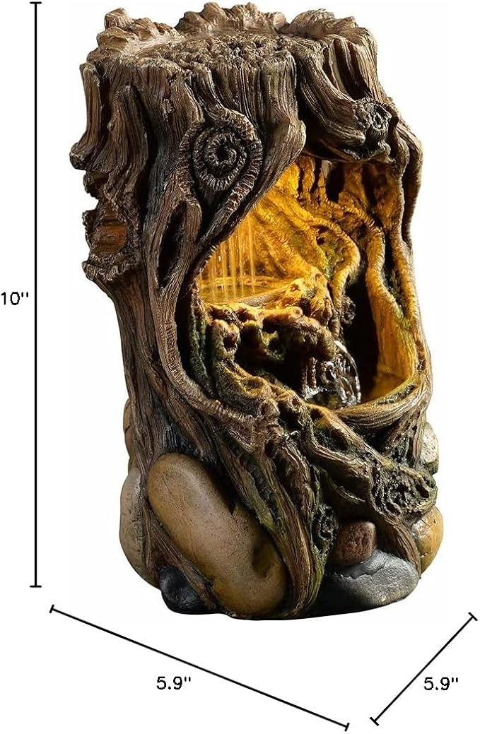GOSSI Indoor Water Fountain Stump Rain Drop Meditation Desk Fountain Artistic Relaxation Waterfall for Home and Office Decor (22013)