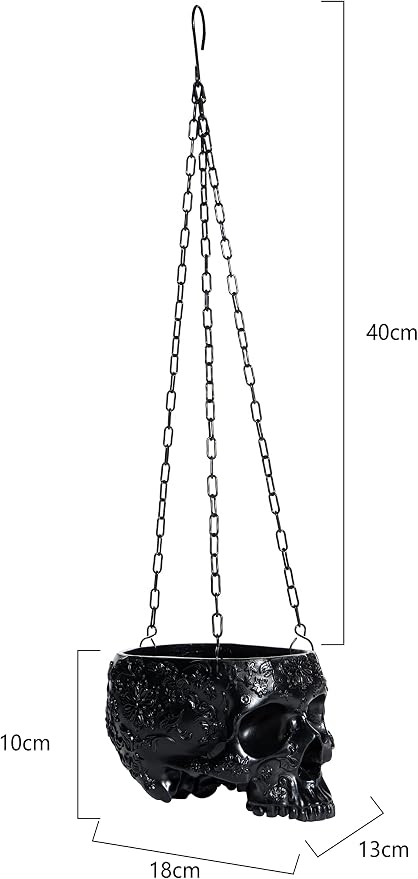 Hanging Skull Planter Pot with Chain and Hook Gothic Skeleton Candy Bowl Trick or Treat Bucket Spooky Skull Flower Pot Creepy Horror Home Decor Outdoor Indoor Garden Decoration 6 Inch Black Planter