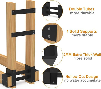 Outdoor Firewood Rack Brackets Kit for Fire Wood Pile Storage, Adjustable log stacking Stand Holder for 2x4 lumber, Black, Set of 2