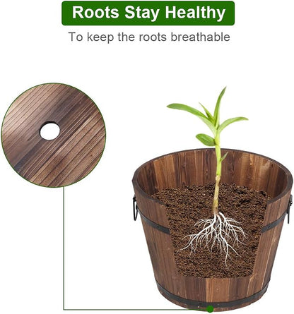 3 PCS Large Wooden Planter Barrel Set - Whiskey Real Wood Decor Plant pots, Rustic Flower Planters Pots Container w/Drainage Holes for Indoor Outdoor Garden Home Plants (18",15.2",11.5")