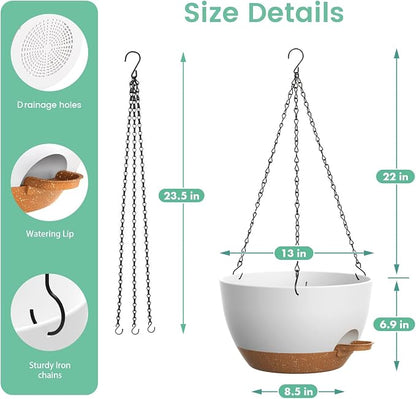 UOUZ 13 Inch 2 Pack Large Self Watering Hanging Planters for Indoor Outdoor Plants, Hanging Plant Pots with Removable 50 Oz Reservoir, Plastic Hanging Basket for Window Porch Garden, White with Brown