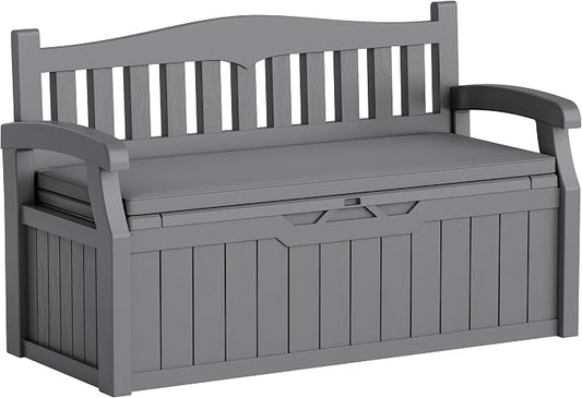 Greesum 80 Gallon Heavy-Duty Outdoor Storage Bench with Cushion, UV-Resistant Resin Bench with Armrest, Deck Box for Garden, Poolside, Patio, Dark Grey