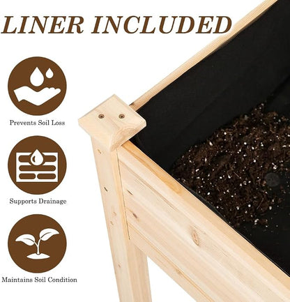 Raised Garden Bed with Legs, 48x24x30 inch Wood Elevated Planter with Protective Liner for Vegetable Flower Herb, Outdoor Planter Box Kit for Balcony Patio Backyard, Natural