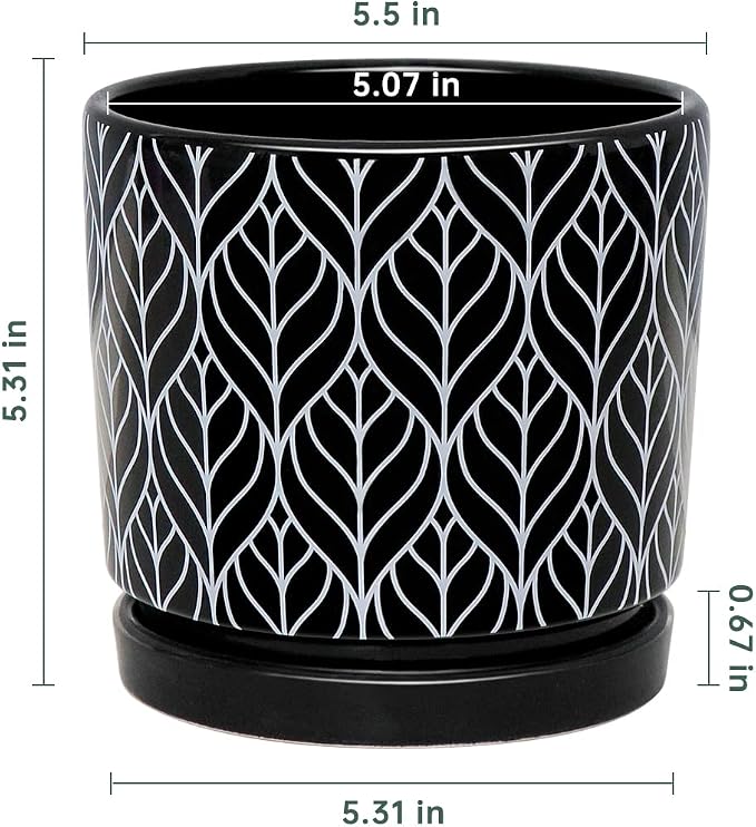 Ton Sin Flower Pots, 5.5 Inch Black Ceramic Planter Pot with Drainage Hole, Indoor Cylinder Plant Pots with Saucer, Cactus Succulent Pots Outdoor Garden Pots Set of 4