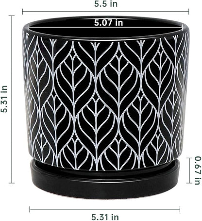 Ton Sin Flower Pots, 5.5 Inch Black Ceramic Planter Pot with Drainage Hole, Indoor Cylinder Plant Pots with Saucer, Cactus Succulent Pots Outdoor Garden Pots Set of 4