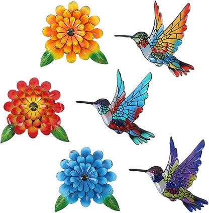 3D Metal Hummingbird Flower Wall Art Garden Decor, 6 PCS 6“ Birds Sunflower Outdoor Wall Art, Floral Wall Hanging Art Sculpture Outside Garden Living Room Porch Yard, Gift for Women Mom