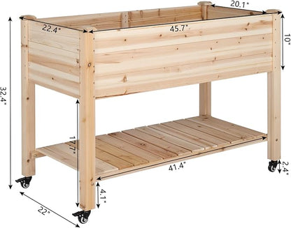 VINGLI 45.7"x22.4"x32.4" Elevated Raised Garden Bed Outdoor, Heavy Duty Wood Planter Box with Legs, Bed Liner Included, for Vegetables, Fruits, Sturdy Long Lasting Planter Box (Nuture - with Wheel)