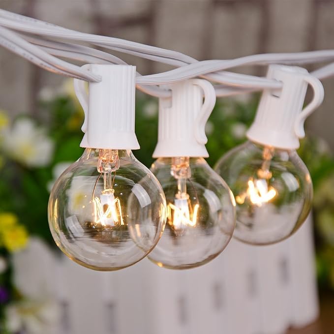 SUNSGNE 50Ft Outdoor Patio String Lights G40 Connectable Globe Lights with 53 Clear Globe Bulbs(3 Spare) for Indoor Outdoor Commercial Decor, 50 Hanging Sockets, 5W/E12 Base, White