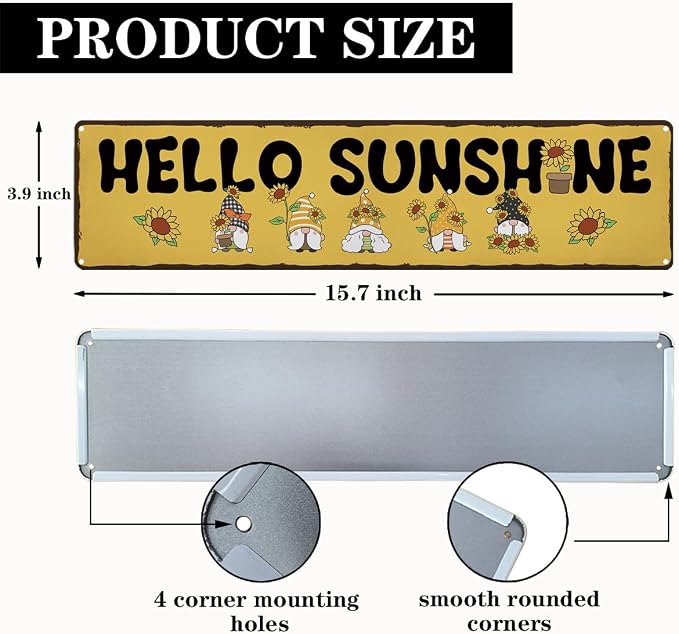 Garden Metal Tin Sign, Hello Sunshine Sign, Vintage Sunflower Farmhouse Wall Art, for Yard Fence Porch, Rustic Outdoor Garden Decoration, Gifts for Gnome Lovers, 15.7 x 3.9 Inches